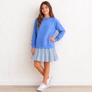 Polo Ralph Lauren Youth Girls Sweatshirt Dress XL 16 Blue Seersucker Hem Preppy